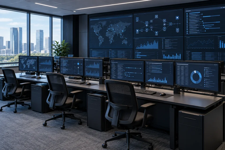 Empty security monitoring room with wall dashboards and analyst workstations